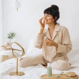 A woman putting on makeup